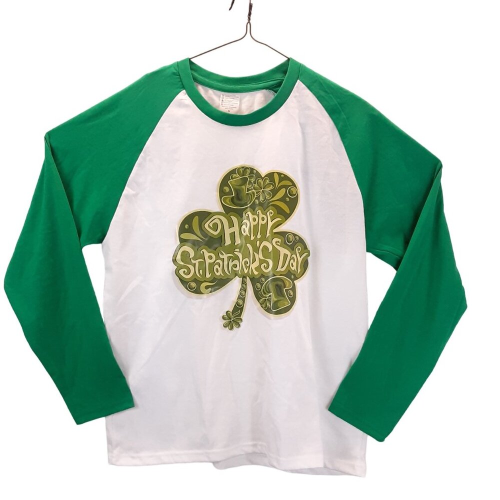 NWOT Shirt Womens Medium Long Sleeve Top White Green Happy St Patricks Day